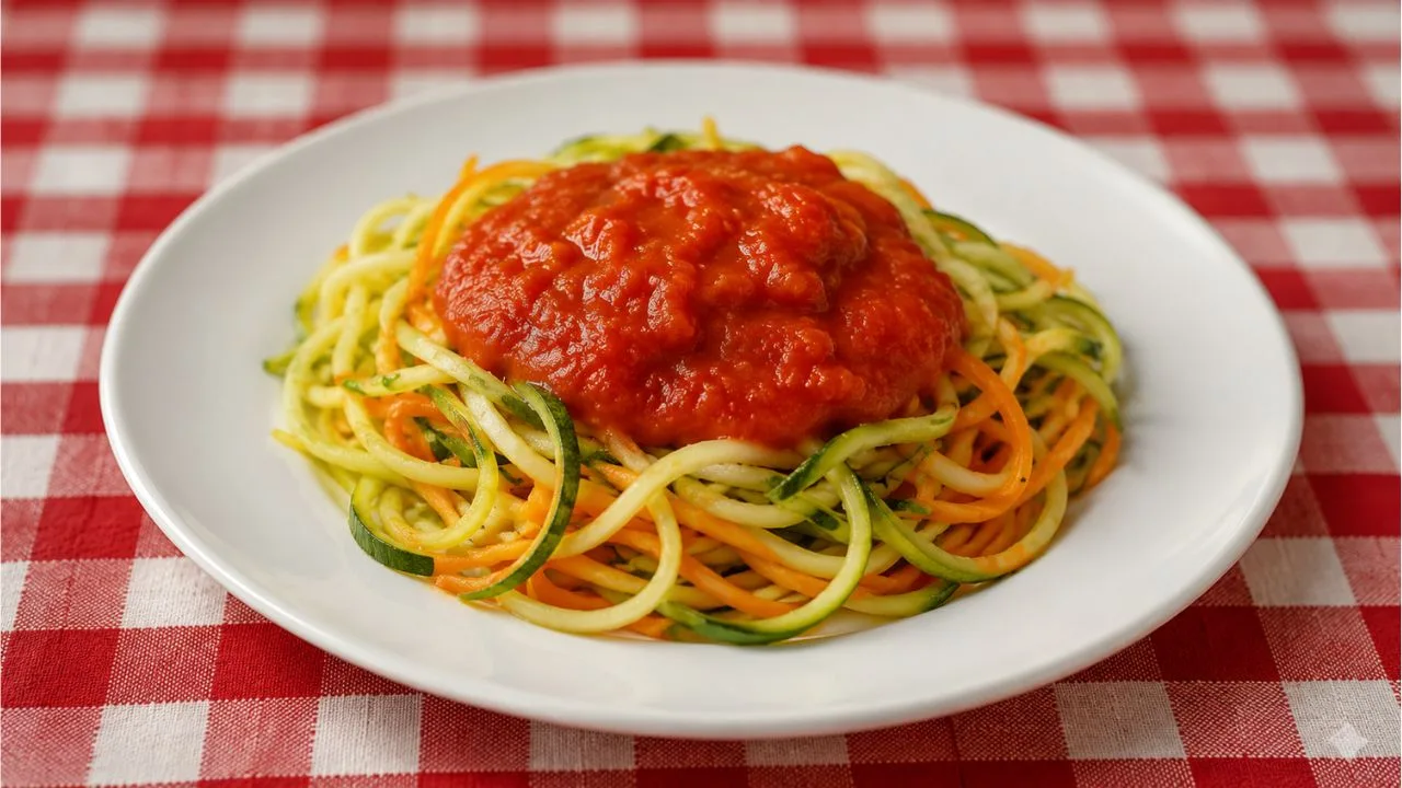 Imagem da Receita de Espaguete de Legumes Saudável com Molho de Tomate.